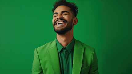 An exceptionally handsome man, filled with infectious laughter and smiles, dressed in vibrant green attire that accentuates his charm, brilliant solid green background, lifestyle,social media