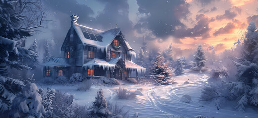 a house covered with ice and snow in a winter landscape with solar panels - obrazy, fototapety, plakaty