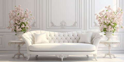 Stunning inside - couch and floral vases in white.