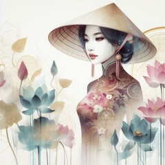 Ethereal Beauty Amidst Blooming Lotus with vietnamese girl with Generative AI.
