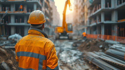 backside construction and Excavetror working at construction site with underconstruction site background, generative ai