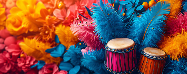Brazilian and african colorful drums with feathers and flowers. Music instruments with traditional ornament. Rio carnival concept. Brazilian dance and music. Seasonal event poster, card, banner - obrazy, fototapety, plakaty