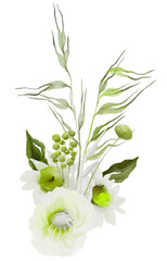 Watercolor Green and White Flower Bouquet Arrangement Illustration
