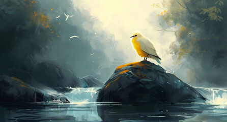 a painting showing a bird sitting in the water on a rock - Powered by Adobe