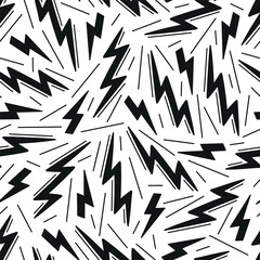 Lightning Bolt Signs Vector Seamless Pattern. Black White Repeat Background with Thunderbolts.