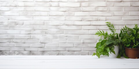 Perfect for showcasing products with an empty table, green leaves, and white brick wall. Ideal for presentation backgrounds, displays, and mock-ups.