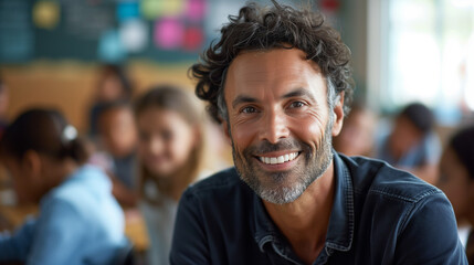 Portrait of smiling male teacher in a class at elementary school looking at camera with learning students on background. Happy smiling middle aged man  elementary or junior school male teacher  - obrazy, fototapety, plakaty