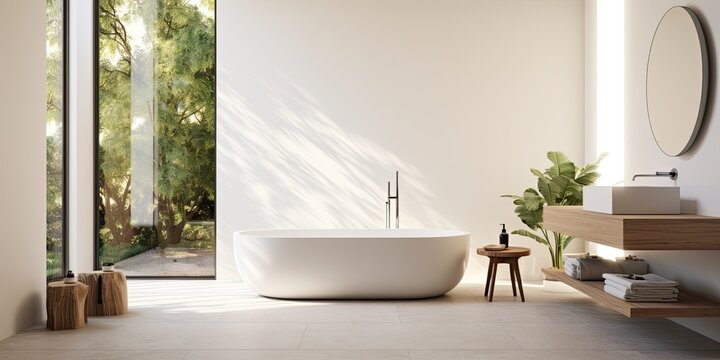 Contemporary house with elegant light bathroom featuring white ceramic bathtub, sink, and mirror on white walls.
