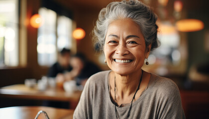 One confident woman sitting in a coffee shop, smiling generated by AI