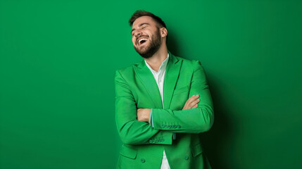 An exceptionally handsome man, filled with infectious laughter and smiles, dressed in vibrant green attire that accentuates his charm, brilliant solid green background, lifestyle,social media