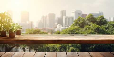 Scenic balcony with wooden table, perfect for product advertising.