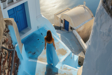 women tourist exploring santorini island in blue dress