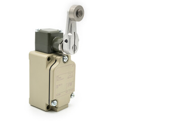 Limit switch sensor of the machine. limit switch for mechanical movement and actuators limits. isolated on white background of limit switch, control device, electrical equipment in control system.