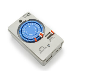 Mechanical timer switch isolated on white background. Electrical Analog timer for control AC...