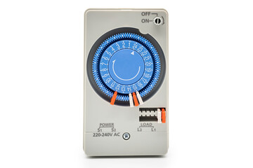 Mechanical timer switch isolated on white background. Electrical Analog timer for control AC switching 24 hours Daily programmable, Circuit control for mechanical timer industry.