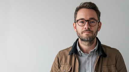 Fototapeta premium close-up, visualize an American male teacher standing confidently on a pristine white background, with facial expressions, passion for teaching, school concept