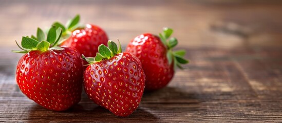 Three ripe strawberries isolated on a wooden table, with space for text or design.