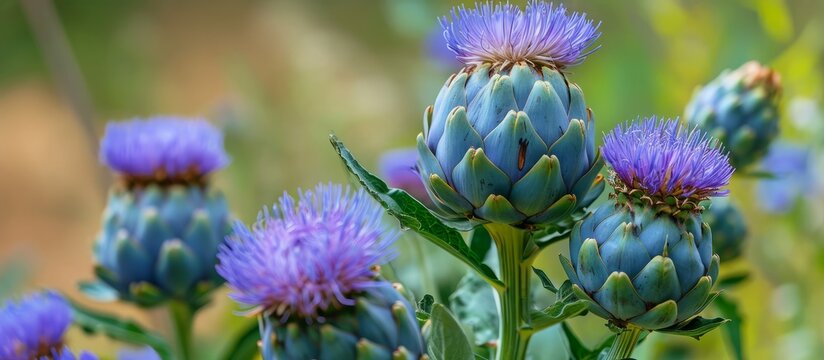 Closeup macro of an artichoke plant with blue flowers and green leaves in the garden.
