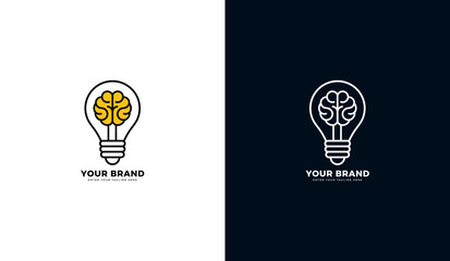 Brain inspiration logo. Creative idea design of light bulb and smart brain, graphic vector illustration
