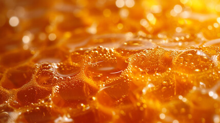 Close-up of golden honey with bubbles highlighting its viscosity and natural sweetness, suitable for food and health concepts - obrazy, fototapety, plakaty