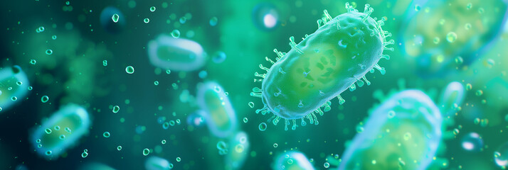 3D illustration of bacteria or virus cells in bright green color, representing concepts of microbiology, immunology, and healthcare