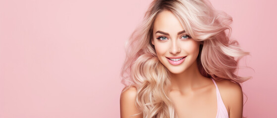 very beautiful smiling blonde woman with beauty makeup and long hair, showcasing a natural and captivating closeup of her face. background banner copy space area