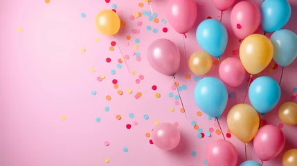 Abwaschbare Fototapete Festive background with pastel balloons and multicolored confetti on a pink gradient, suitable for birthday or celebration concepts background  with a place for text © Liliia