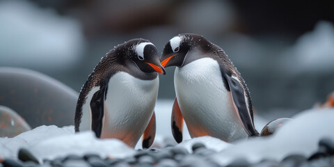 Two penguins stand kissed on melting ice in Arctic Ocean global warming concept, generative ai