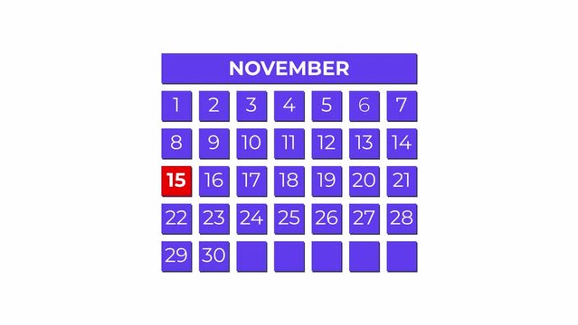 15th November calendar icon animation. Alpha matte with transparent background 4K resolution.