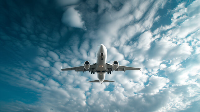 White passenger airplane flying in the sky amazing clouds in the background. © WARIT_S