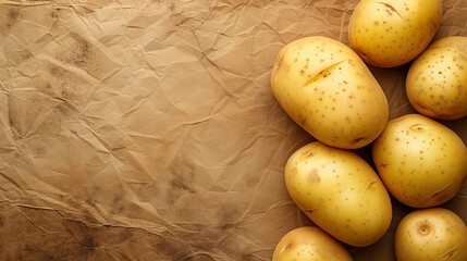 Fresh raw potatoes on a crumpled brown paper background copyspace , suitable for culinary and agricultural concepts