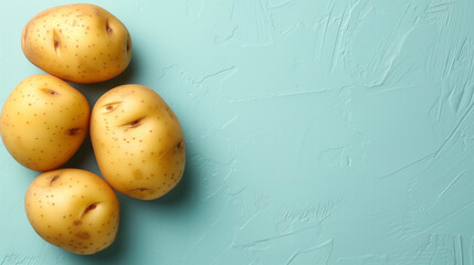 Four whole, unpeeled potatoes on a textured turquoise background, suitable for culinary concepts or healthy eating themes, copyspace