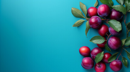 Vibrant red plums with fresh green leaves arranged asymmetrically on a teal background, emphasizing a healthy and organic food concept, copyspace