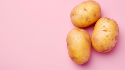 Three whole, fresh yellow potatoes on a plain pink background with a place for text, with ample copy space