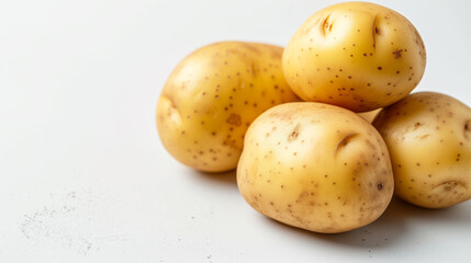 A group of fresh whole potatoes placed on a white background, suitable for culinary themes and healthy eating concepts