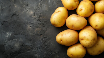 Fresh whole potatoes on a dark textured background with a place for text, suitable for a culinary concept or healthy eating theme