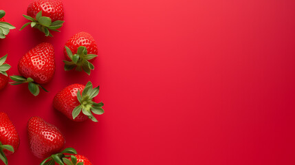 Fresh strawberries on a vibrant red background with copy space, perfect for concepts related to healthy eating or Valentine's Day