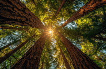 tall trees and sunlight from below are shot in san francisco north redwood