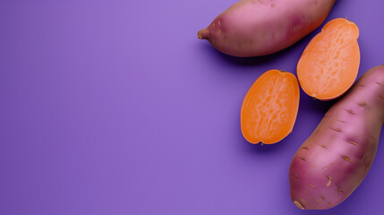 Whole and sliced sweet potatoes on a purple background with a place for text, emphasizing healthy eating or vegetarian food concepts