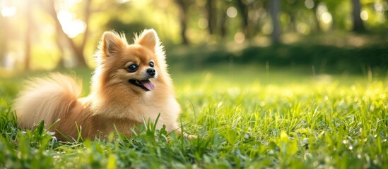 Obraz premium Gorgeous Pomeranian dog on lush spring grass.
