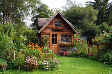 Fototapeta na wymiar tiny home, aka ADU or little house with a big flower garden