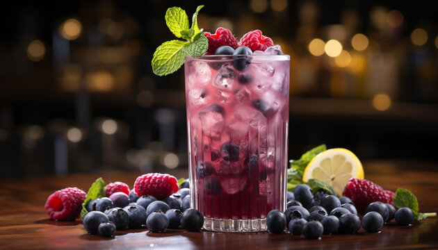 Freshness in a glass Raspberry cocktail with blueberry, mint leaf generated by AI