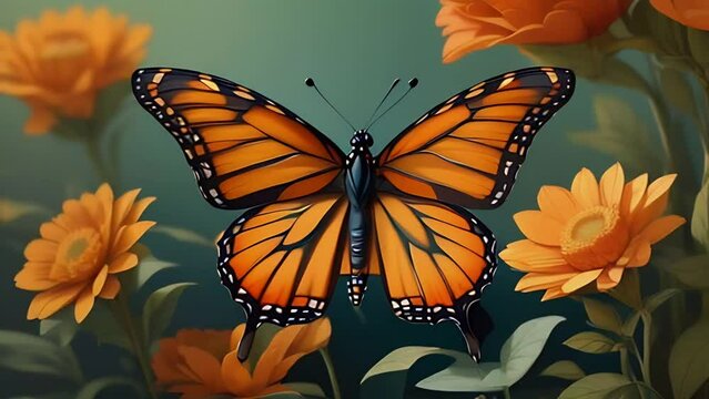A vibrant monarch butterfly perched on flowers, with intricate wing patterns and a serene backdrop.