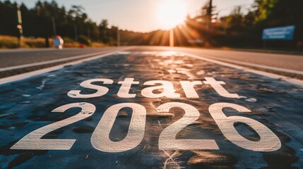 A running or walking track with letters marked "Start 2026". Training track with text "Start 2026". Starting the year off on the right foot. Happy New Year.