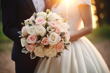 bride and groom wedding couple with a bouquet of light rose flowers