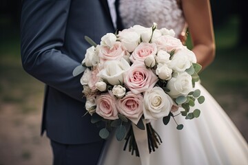 Obraz na płótnie Canvas Wedding couple seen holding flowers