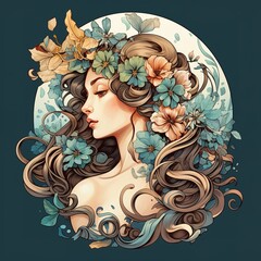 illustration of women with flower and leaves ornament with art nouveau style ai generated