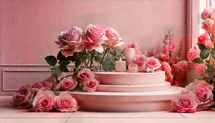 3d render of pink background with podium and roses generated ai