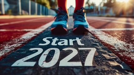 A running or walking track with letters marked "Start 2027". Training track with text "Start 2027". Starting the year off on the right foot. Happy New Year.