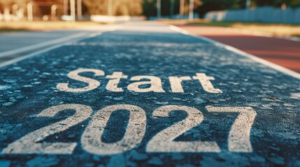 A running or walking track with letters marked "Start 2027". Training track with text "Start 2027". Starting the year off on the right foot. Happy New Year.